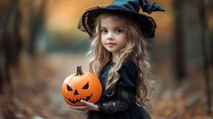 Little girl wearing halloween costume holding pumpkin at halloween festival ,Generative AI