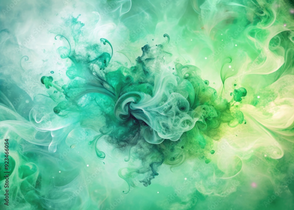 Poster vibrant pastel green watercolor smoke swirls merge with abstract geometric forms and liquid splatter