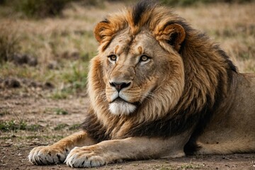 Fototapeta premium Male adult lion lying down, Panthera leo, isolated on white
