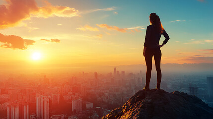 Fototapeta premium Woman Overlooking City at Sunrise 