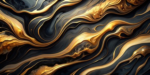 Obraz premium Luxurious abstract gold and black marble-inspired watercolor art featuring fluid, organic patterns and textures on a modern, sleek background, evoking opulence and sophistication.