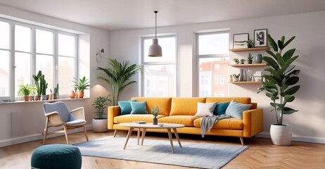 Modern home office in the living room, Convenient, comfortable, nice place to work, Remote work from home, Minimal interior décor design background.