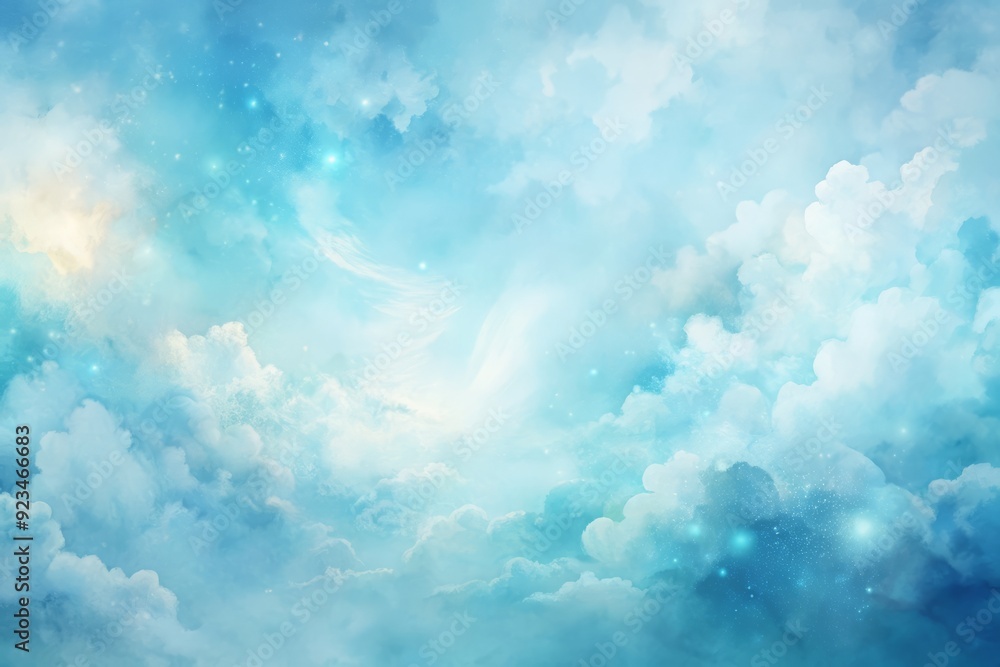 Poster soft, ethereal blue abstract watercolor clouds texture background with gentle, wispy strokes and sub
