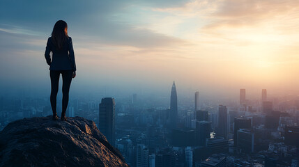 Fototapeta premium Woman on Mountain Peak at Sunrise 