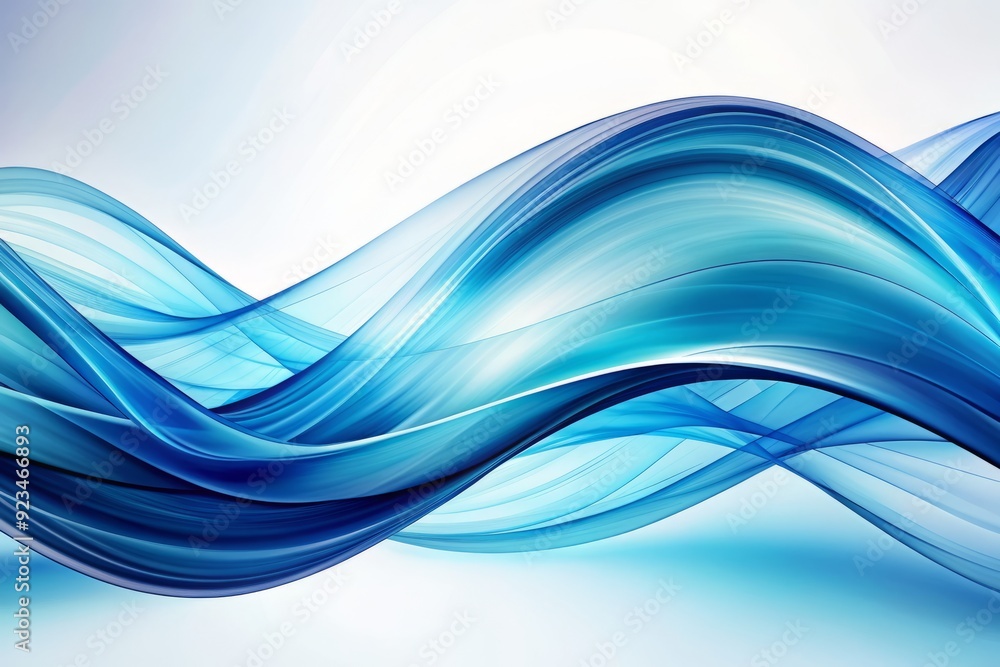 Poster vibrant blue abstract wave forms undulate against a crisp white background, evoking a sense of dynam