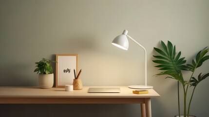 Minimalist Desk Setup with a White Lamp and a Plant