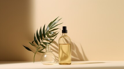Two Glass Bottles of Beauty Product with a Green Palm Leaf