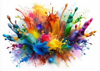 Vibrant colorful wild splash of paint or ink isolated on white background, creating a dynamic and energetic abstract design with intricate textures and patterns.