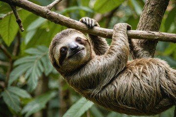 Fototapeta premium Cute sloth hanging on tree branch with funny face look, perfect portrait of wild animal in the Rainforest of Costa Rica scratching the belly, Bradypus variegatus, brown-throated three-toed sloth,
