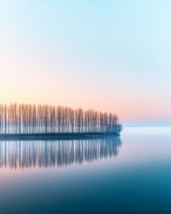 Obraz premium Serene forest with dreamy sky and foggy minimalist mood. Minimalist landscape conceptual image for backgrounds, ads or templates.