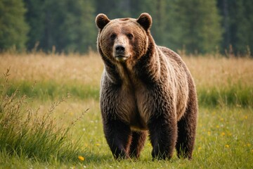 Fototapeta premium Dominant mammal male brown bear, Ursus arctos, standing on the meadow in the summer with blurred background