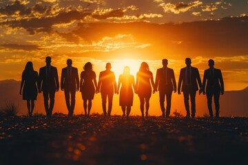 Fototapeta premium Silhouette of a group of business professionals standing side by side, framed by the light of a setting sun. Their shadowed figures evoke unity and strength, perfect for team-building campaigns. The