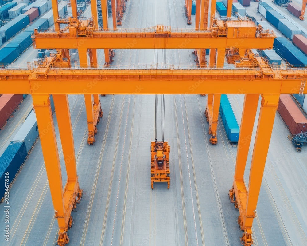 Poster aerial view of an industrial port with cranes and cargo containers organized in rows for efficient s