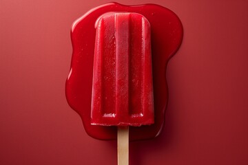 Melting red popsicle on wooden stick. Flat lay on red background. Summer dessert concept. Image for menu, packaging, and advertising.