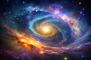 Fototapeta premium Vibrant celestial expanse of swirling gas and dust, featuring mesmerizing nebulae, shimmering stars, and iridescent hues, creating a breathtakingly beautiful galaxy background.