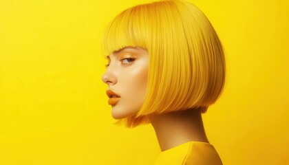 Young model with yellow bob hairstyle poses against a bright yellow background