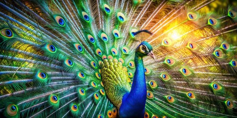 Obraz premium Vibrant peacock spreads majestic wings, iridescent blues and emerald greens shimmering in sunlight as it takes to the sky, a whirlwind of stunning plumage.