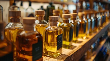 Bottles of olive oil on a wooden shelf in a gourmet store