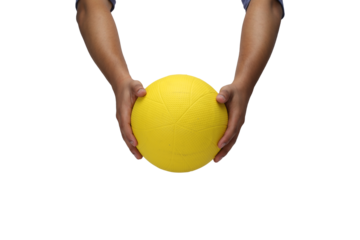 a man hand holding a volleyball ball on white background