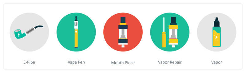 A set of 5 vaping icons as e pipe, vape pen, mouth piece