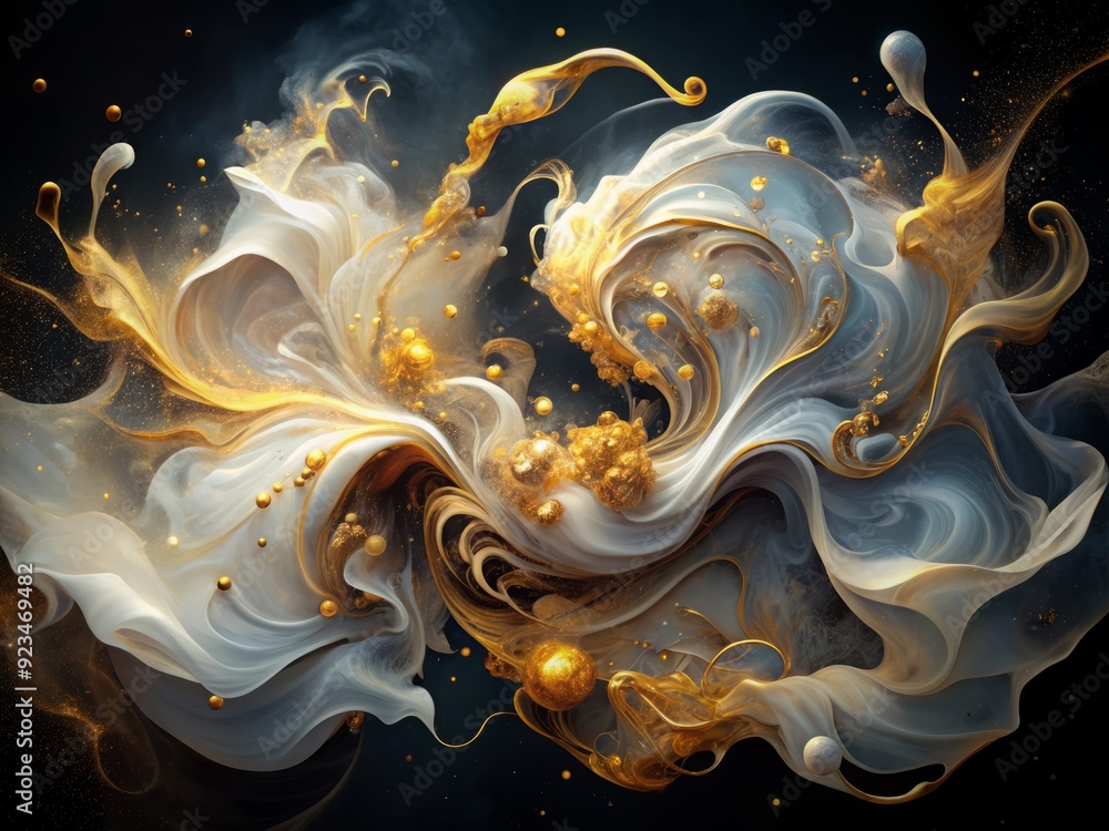 Poster luxurious white and gold abstract swirls of alcohol ink merge in a mesmerizing dance, creating a sop