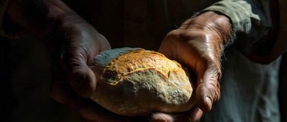  old man holding bread in his hands, 