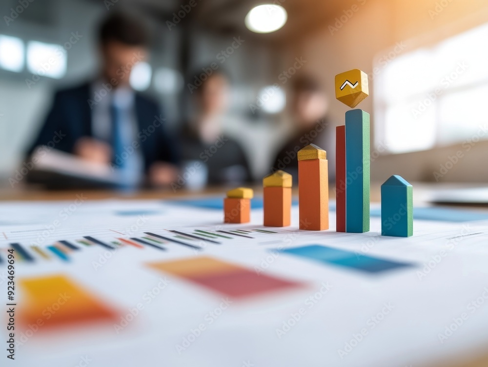 Poster colorful bar graphs on a table with business professionals discussing data analytics and trends in t