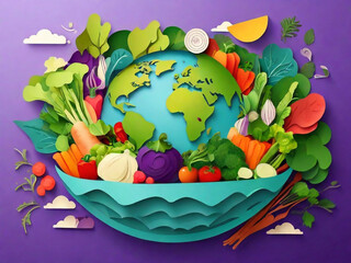 generative ai, culinary tourism concept vector illustration. paper cut craft style planet earth globe and healthy fresh vegetables. cooking food ingredients. gastronomic tour. travel food experience. 