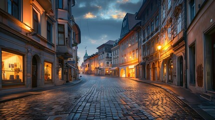 Fototapeta premium Old Ljubljana cityscape cobbled Ciril-Metodov street evening view. Ljubljana capital of Slovenia
