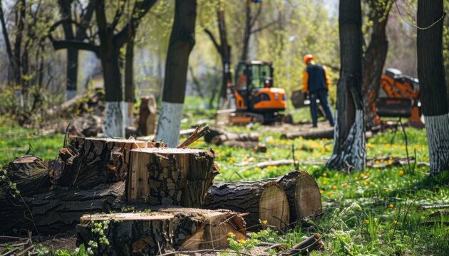 Tree removal and clearing in a forested area during springtime with machinery in use
