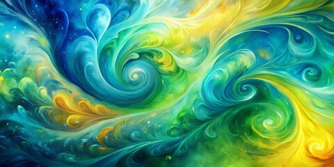 Obraz premium Vibrant abstract watercolor background featuring mesmerizing swirls of blue, green, and yellow hues with subtle texture, creating a stunning digital art painting.