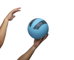 a man hand holding a volleyball ball on white background