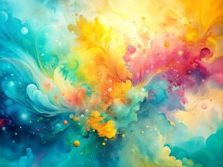 Vibrant abstract watercolor background featuring fluid splashes of turquoise, yellow, and pink hues, blending together in a beautiful, whimsical, and dreamy artistic expression.