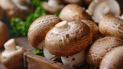 Close-up of fresh brown mushrooms in a rustic kitchen setting