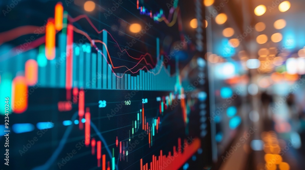 Poster a dynamic and detailed view of colorful stock market charts displayed on a screen, highlighting vari