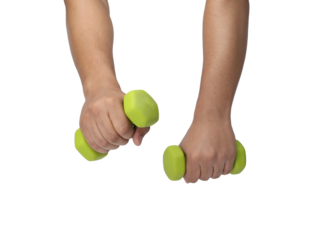 man's hand holding dumbbell isolated on white background. Close up, concept of healthy lifestyle