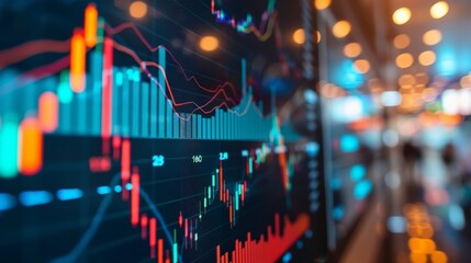 A dynamic and detailed view of colorful stock market charts displayed on a screen, highlighting various trends, data points and providing insights into financial markets.