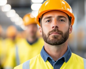Confident construction worker wearing a hard hat stands in a brightly lit environment, showcasing safety and professionalism.