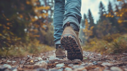 A close-up view of a person's boots walking on a rocky trail through a dense forest, capturing the essence of adventure and connection with nature.
