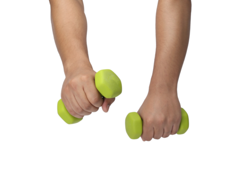 man's hand holding dumbbell isolated on white background. Close up, concept of healthy lifestyle