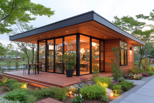 Elegant small glass house with wooden accents designed for a mini cafe, blending contemporary design with nature.