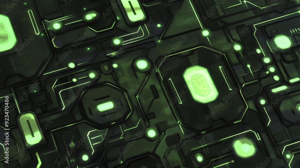 Poster a close-up view of a futuristic circuit board design with glowing green elements, suggesting advance