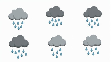 Obraz premium Cartoon Rain Clouds Illustration - Various Raincloud Icons Depicting Rainfall and Weather Forecast Symbols