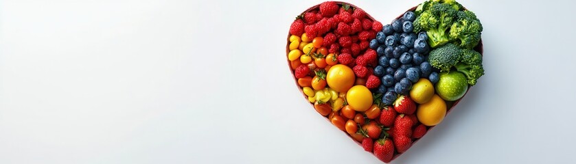 Obraz premium Heart-Shaped Arrangement of Fresh Fruits and Vegetables on White Background for Healthy Living Concept