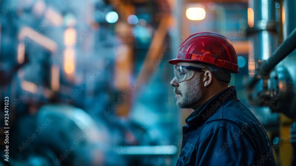Fototapete an industrial worker wearing a red helmet is captured in a busy factory setting, emphasizing themes 