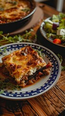 Moussaka: Greek casserole with layers of eggplant, meat, and b chamel sauce. AI generated illustration