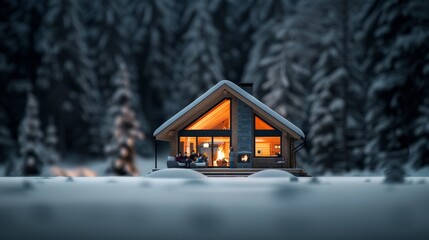 Naklejka premium Cozy cabin in a snowy forest, illuminated warmly at night. Perfect winter retreat surrounded by nature.