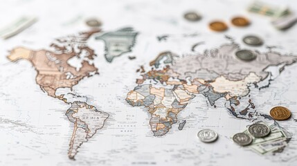 Naklejka premium Detailed map of the world with various currency coins scattered around, symbolizing travel and global finance concepts.