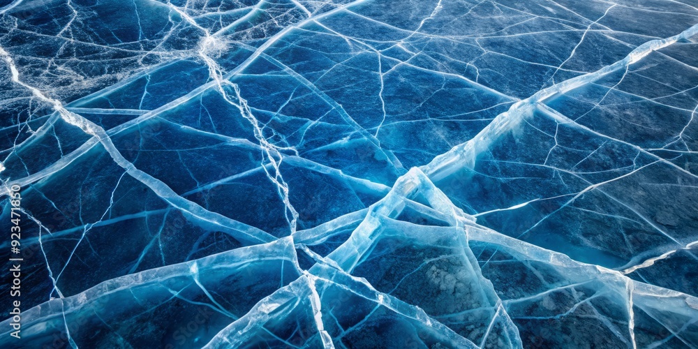 Poster frozen serene blue background with intricate network of cracks and fissures spreading across the sur