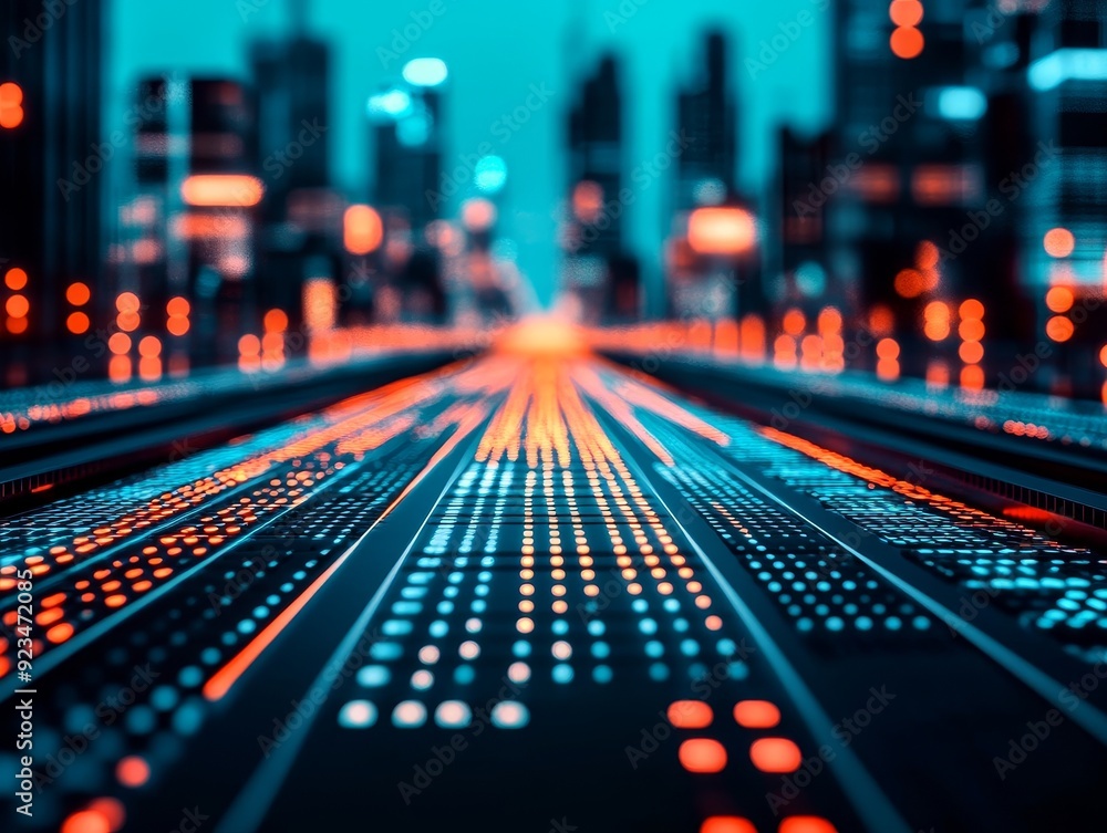 Poster futuristic cityscape with vibrant light patterns creating a mesmerizing effect, illustrating technol